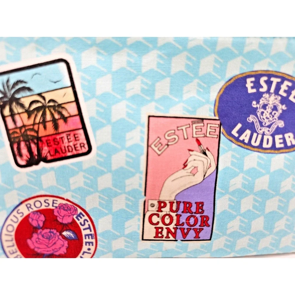 Estée Lauder Blue Travel-Themed Cosmetic Bag Makeup Zipper Pouch Stylish Organiz